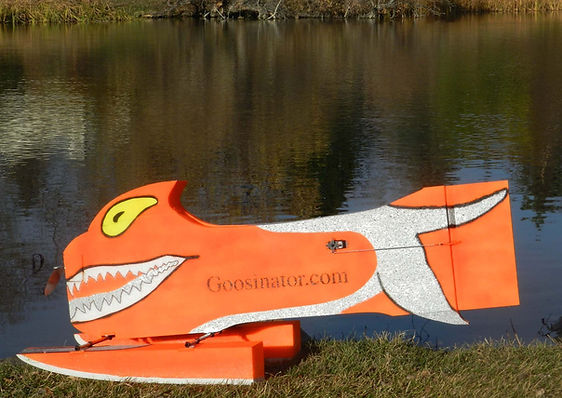 The Goosinator floating on a pond